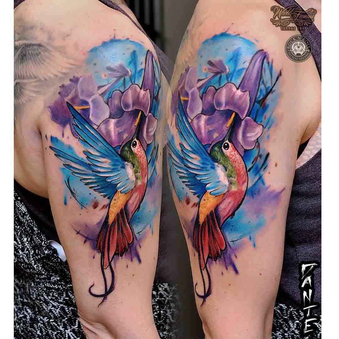 watercolor shoulder tattoo hummingbird