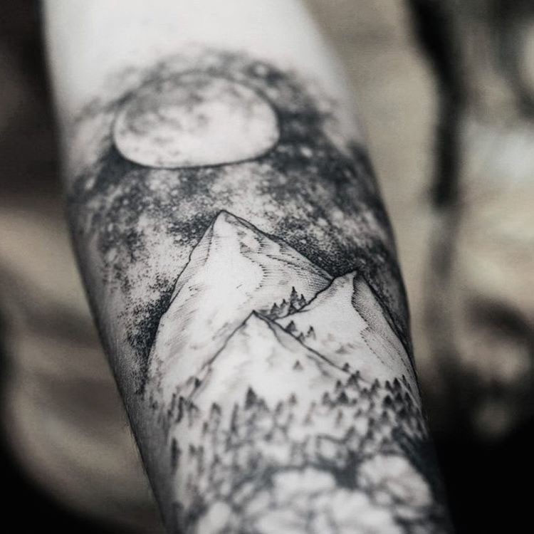 moon night tattoo mountains on arm