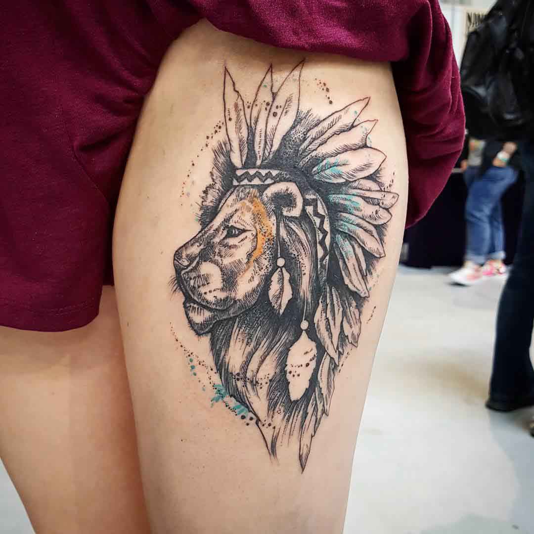 100+ Solar System Tattoo (2019). thigh tattoo lion with feathers. 