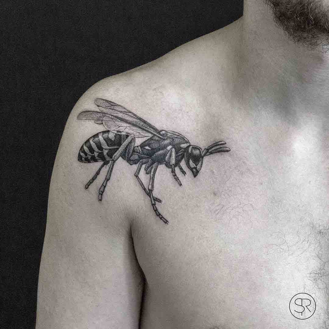 front shoulder tattoo wasp