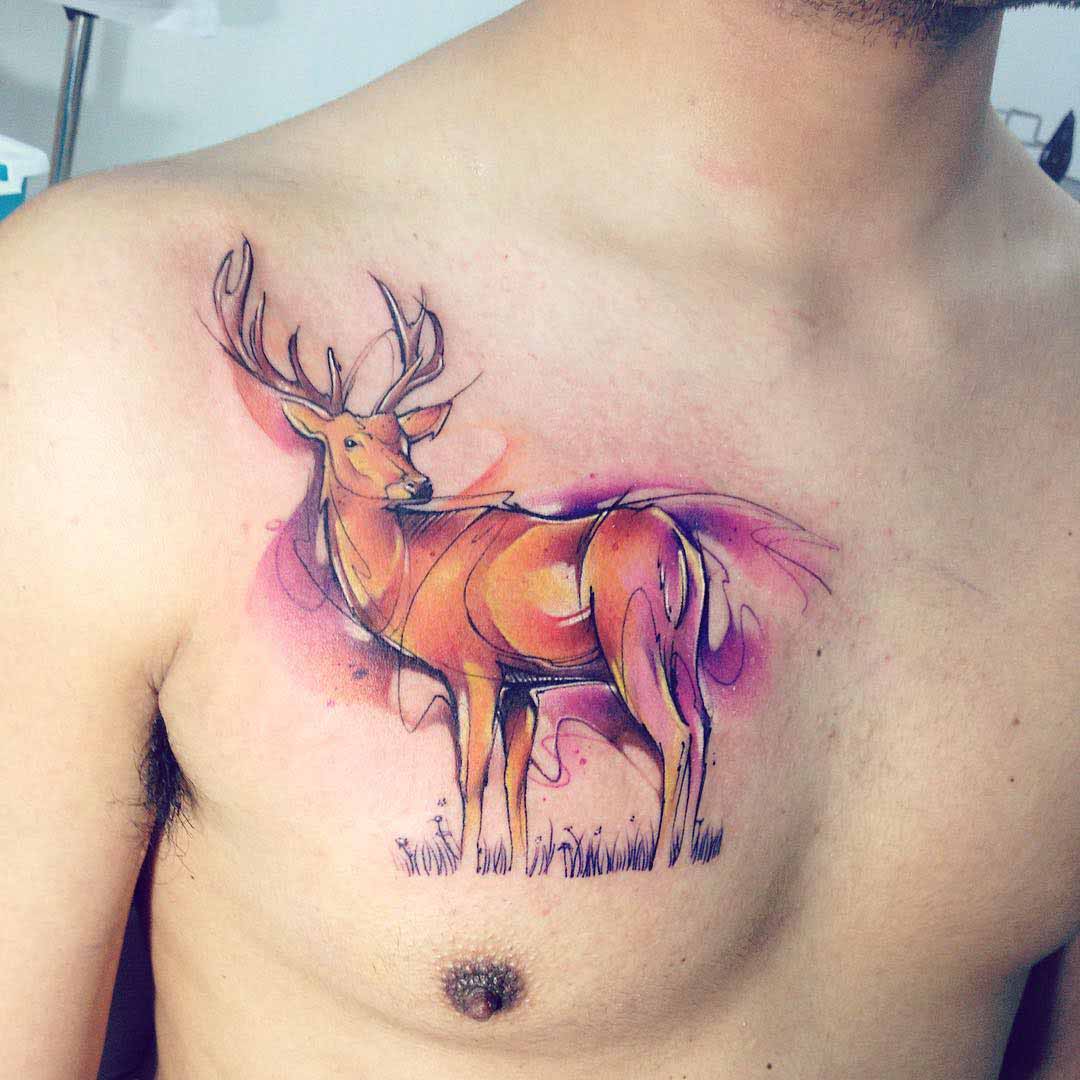 deer watercolor tattoo on chest