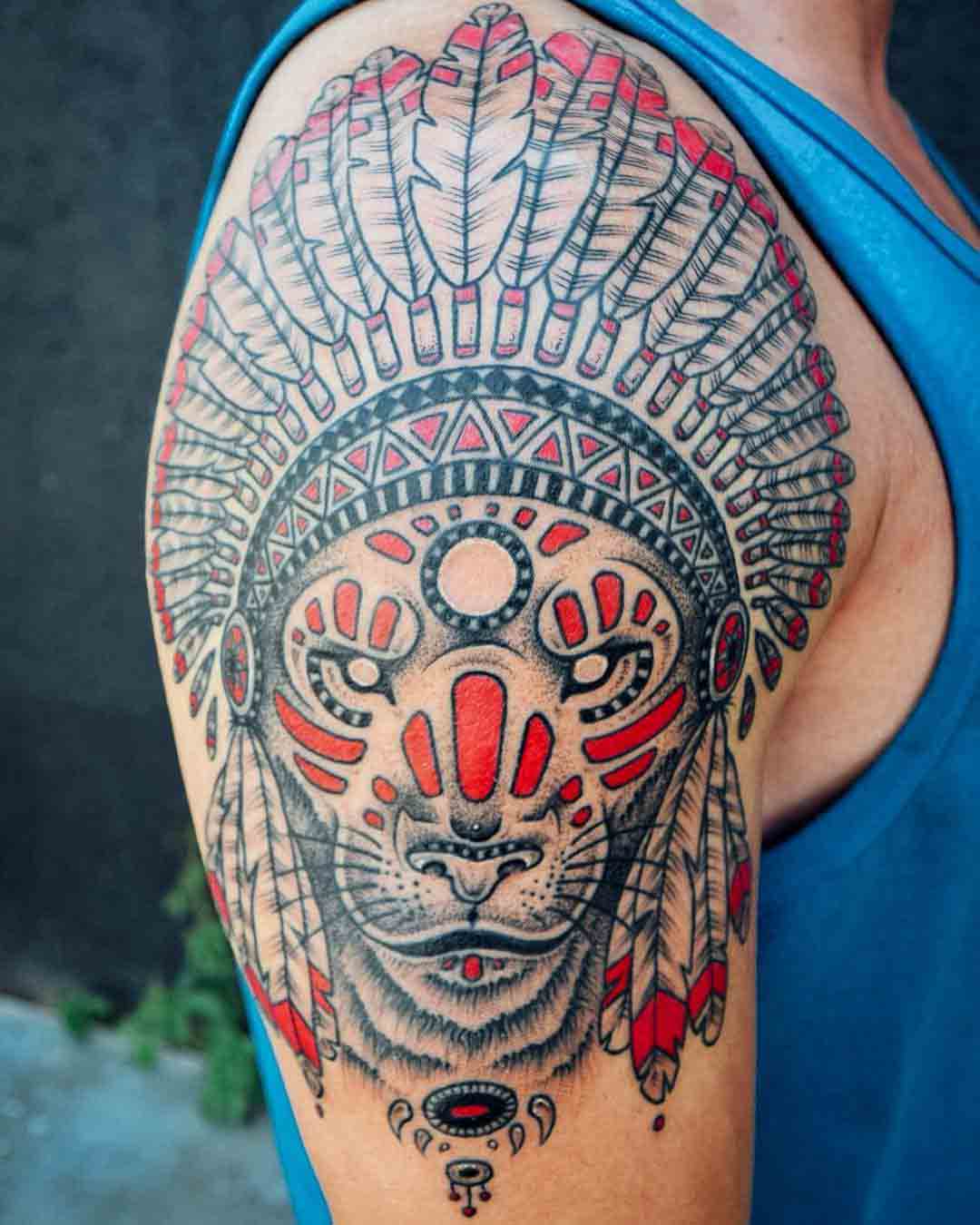 indian tattoo lion on shoulder
