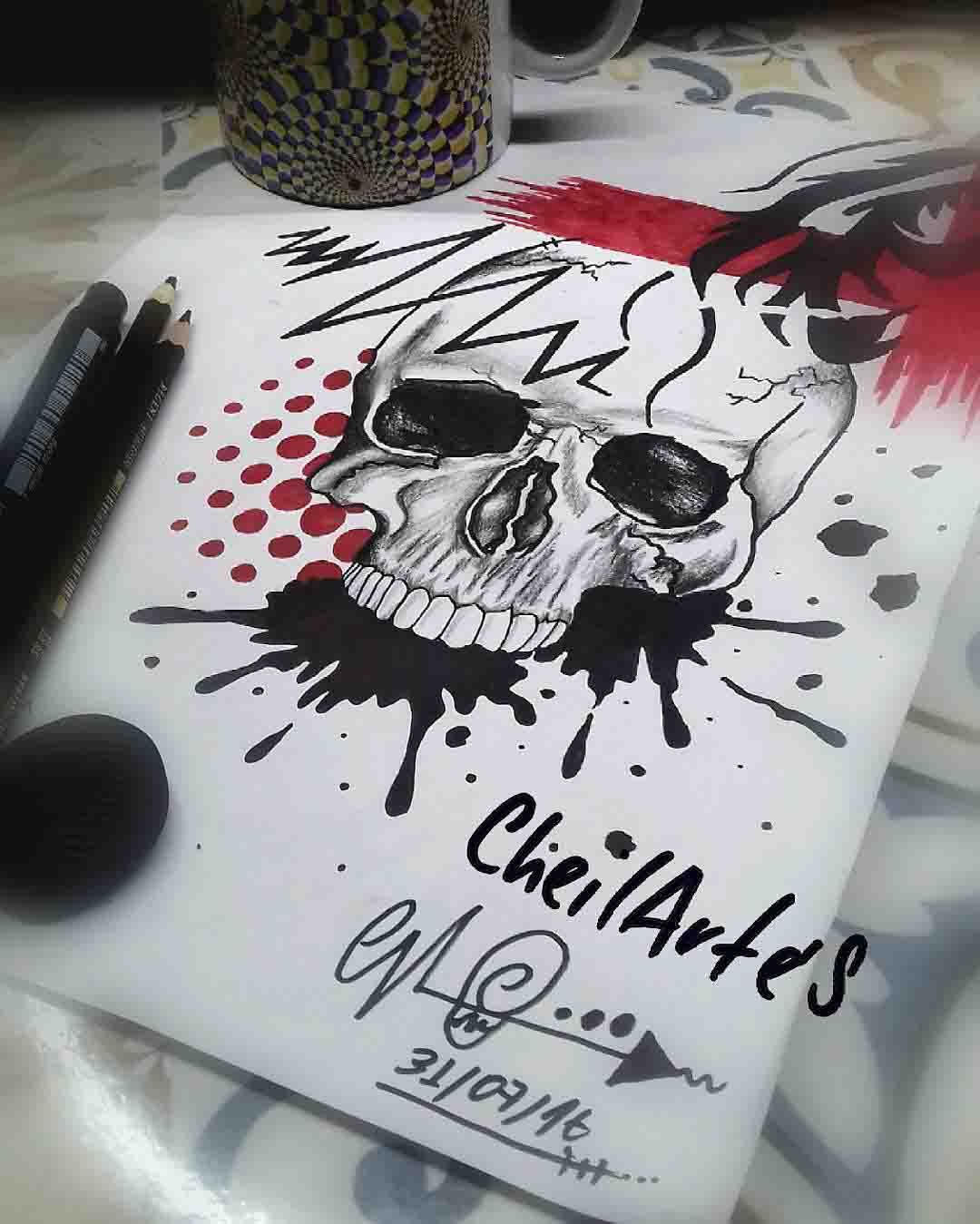 trash polka tattoo skull design
