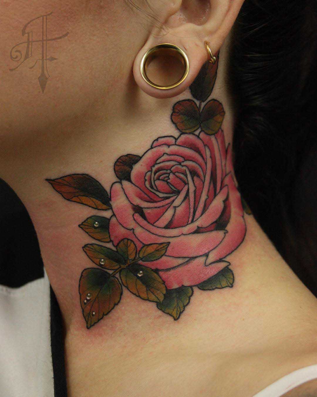 side neck rose tattoo