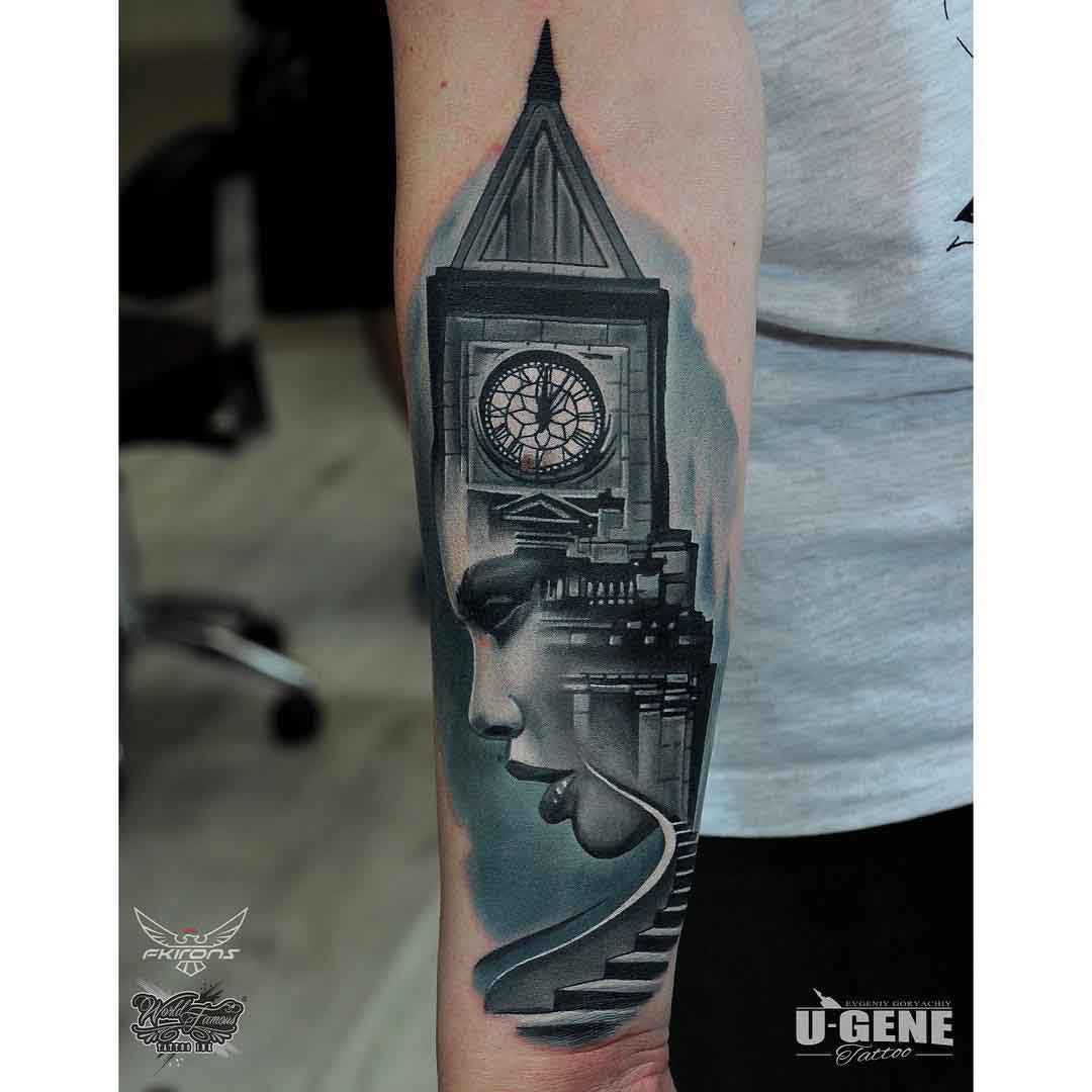 clock tower tattoo on forearm