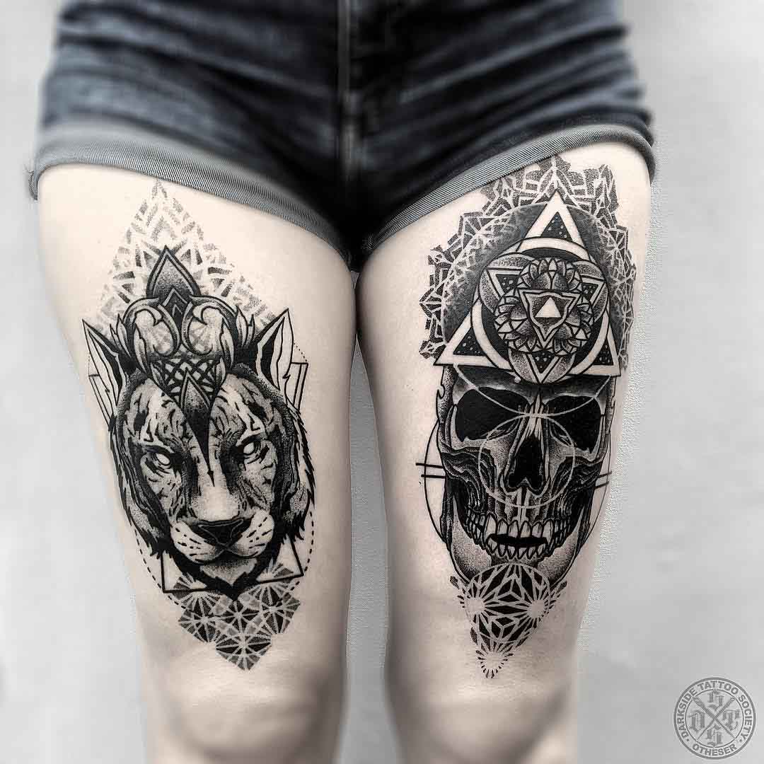 wolf asnd skull tattoos dotwork