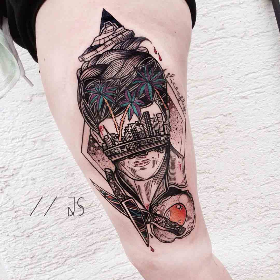 abstract tattoo on thigh and hip