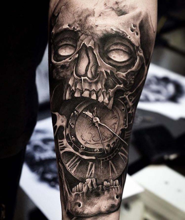skull tattoo clock black and grey