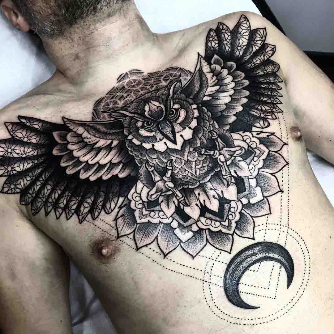 chest tattoo owl and moon