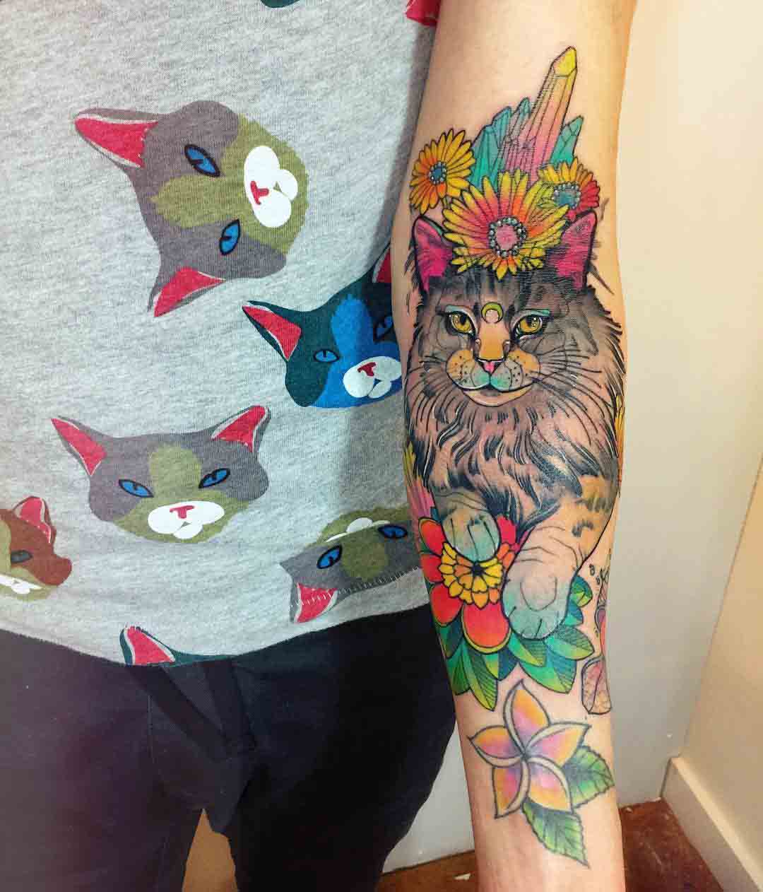 colorful cat tattoo with flowers