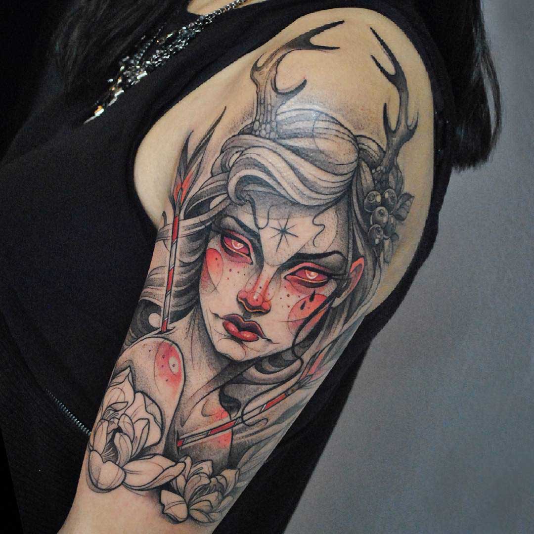 fawn girl tattoo fantasy on shoulder