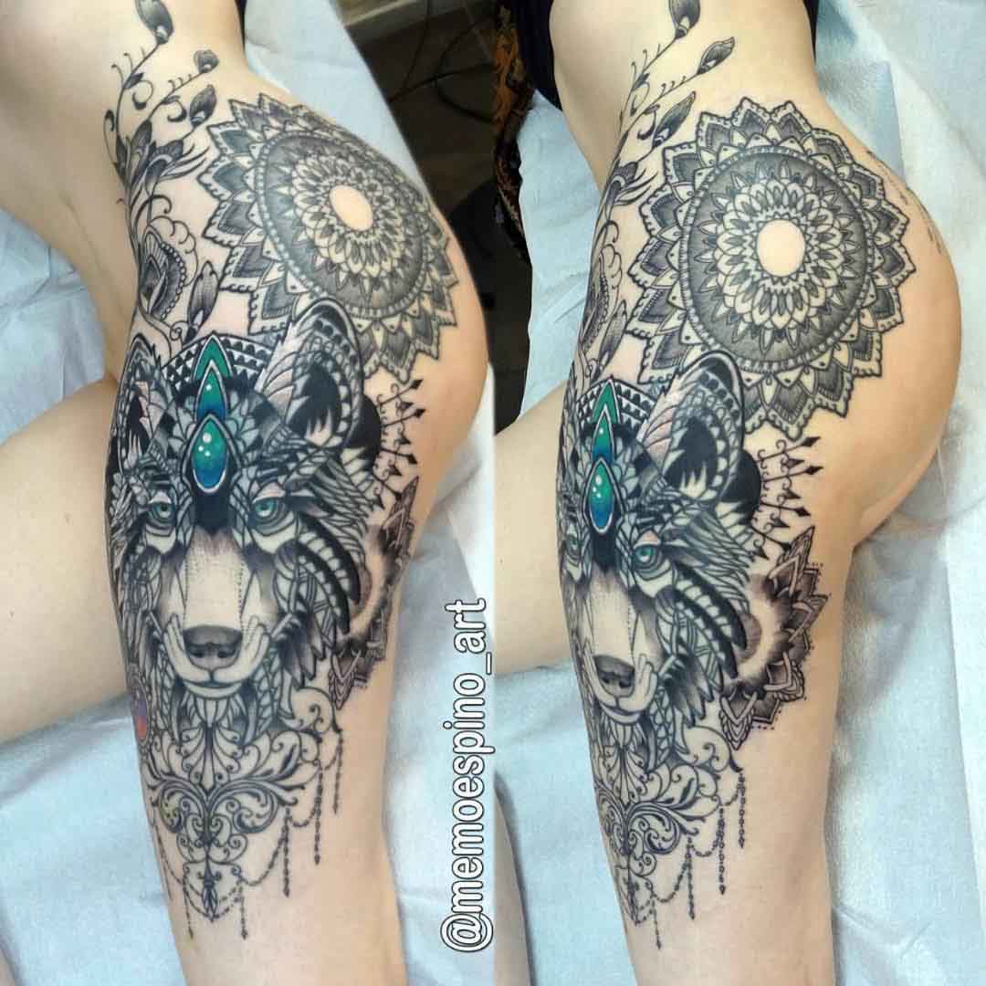 tattos on hip and thigh mandala and wolf girl side