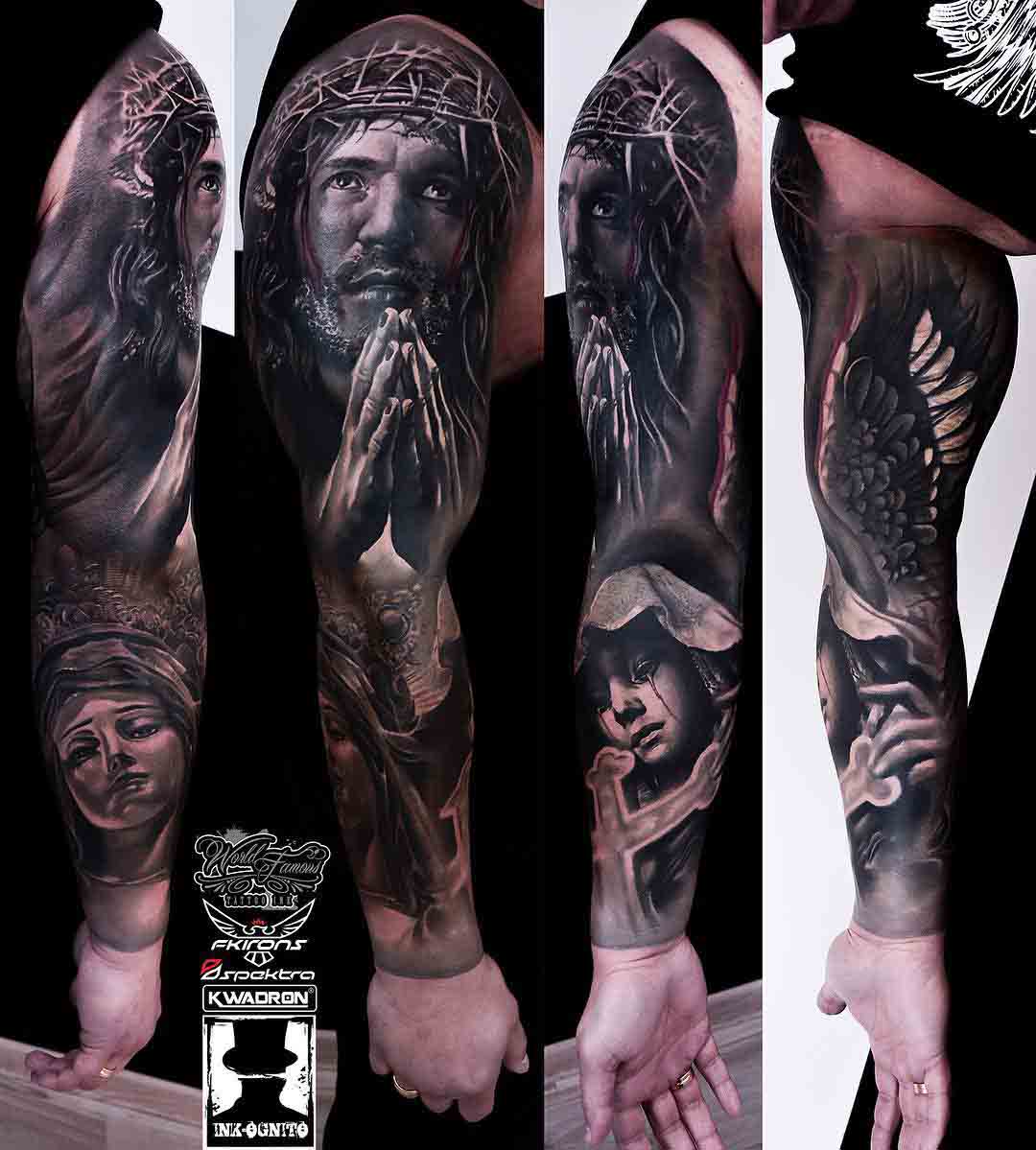 religious sleeve tattoo jesus and mary