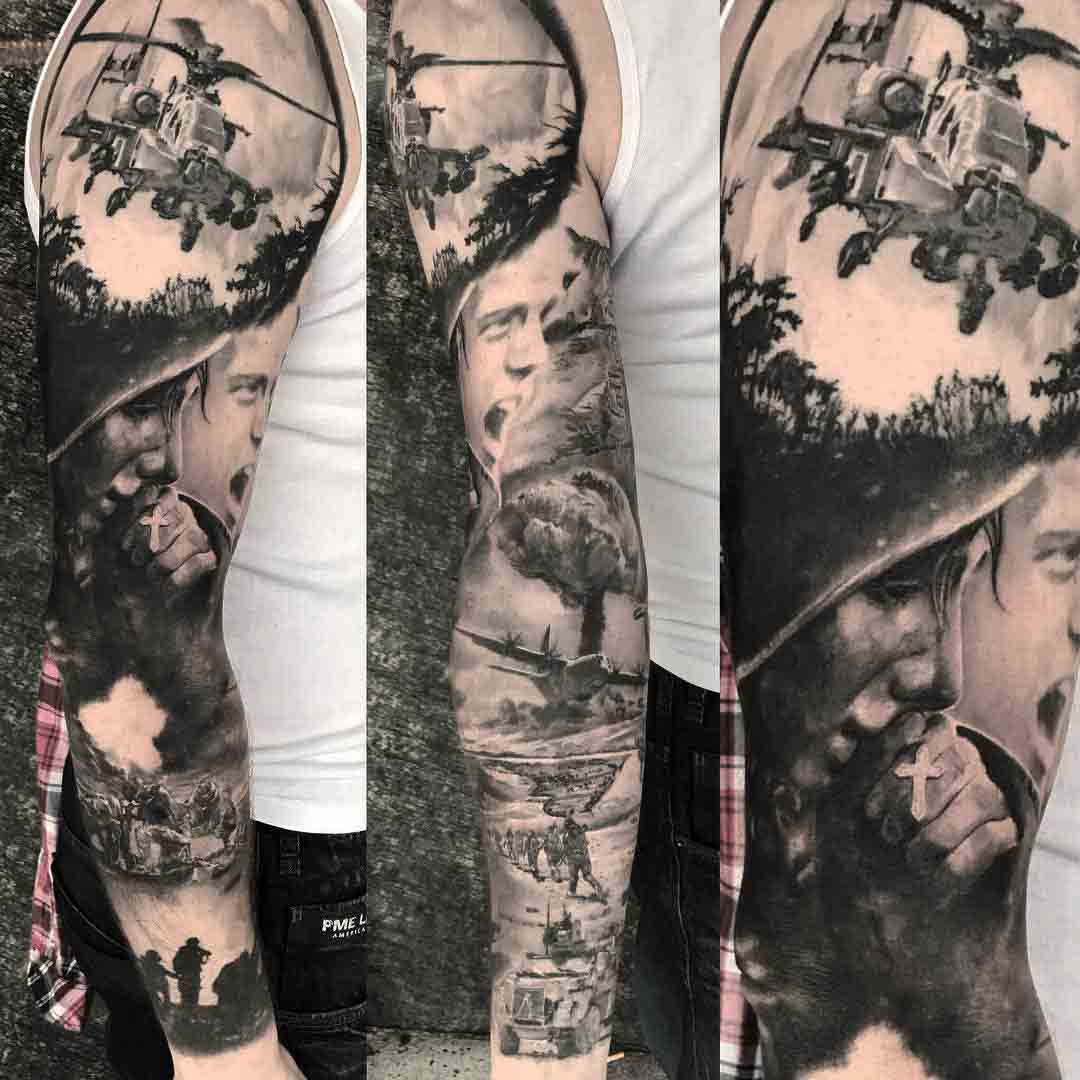 full tattoo sleeve war themed helicopter