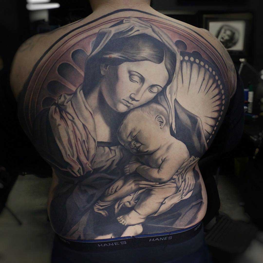 religious tattoo on back Virgin Mary and Baby Jesus
