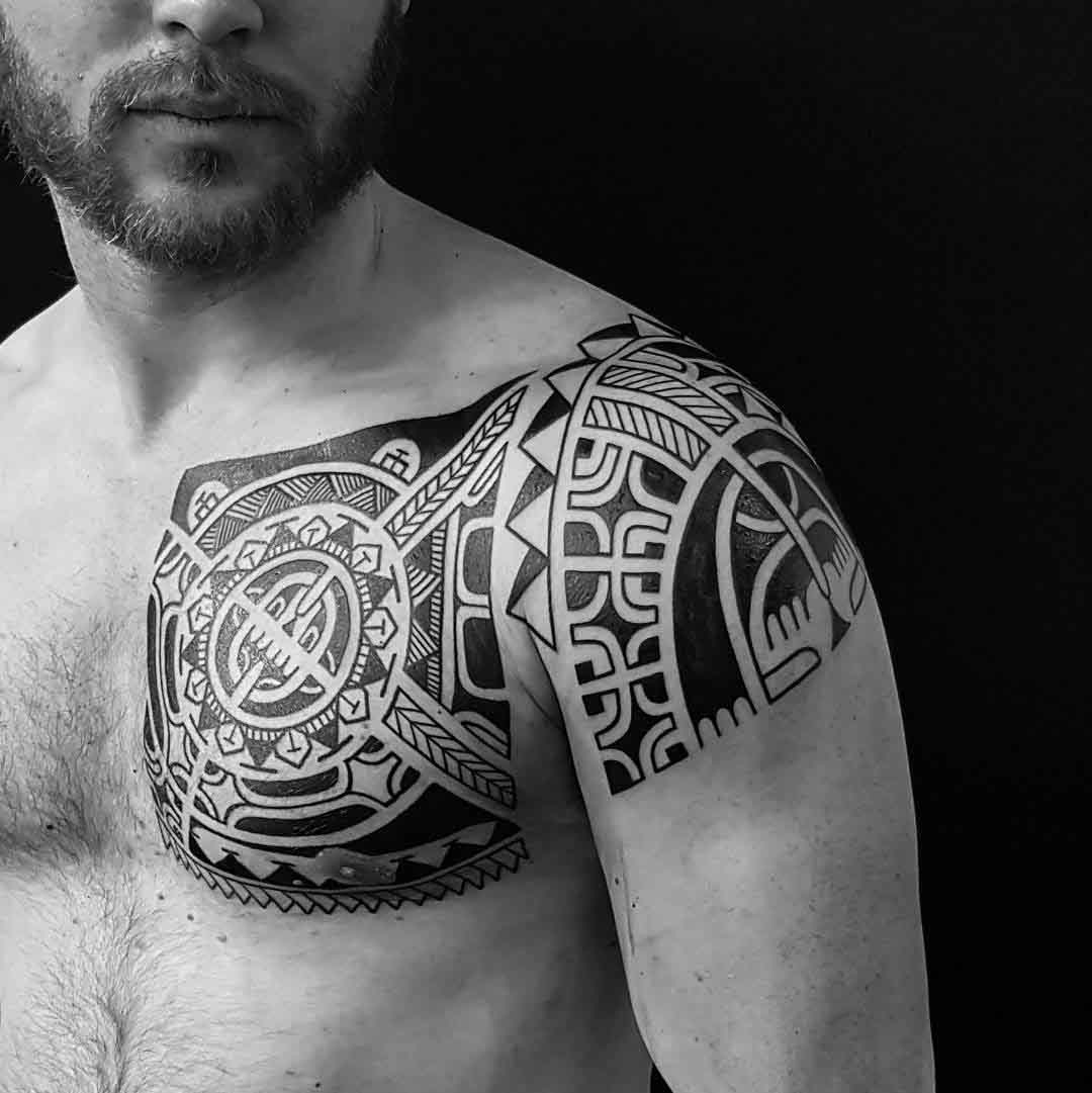 Polynesian Chest Tattoo to Shoulder.