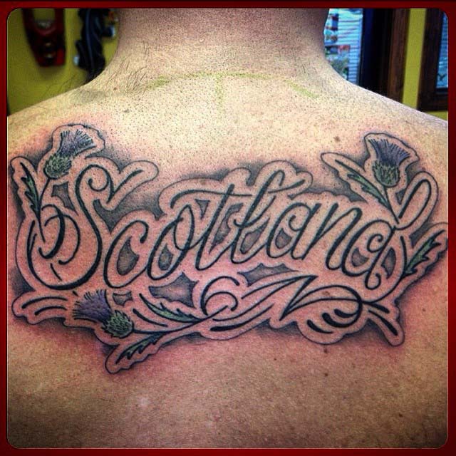 back tattoo Scotland lettering