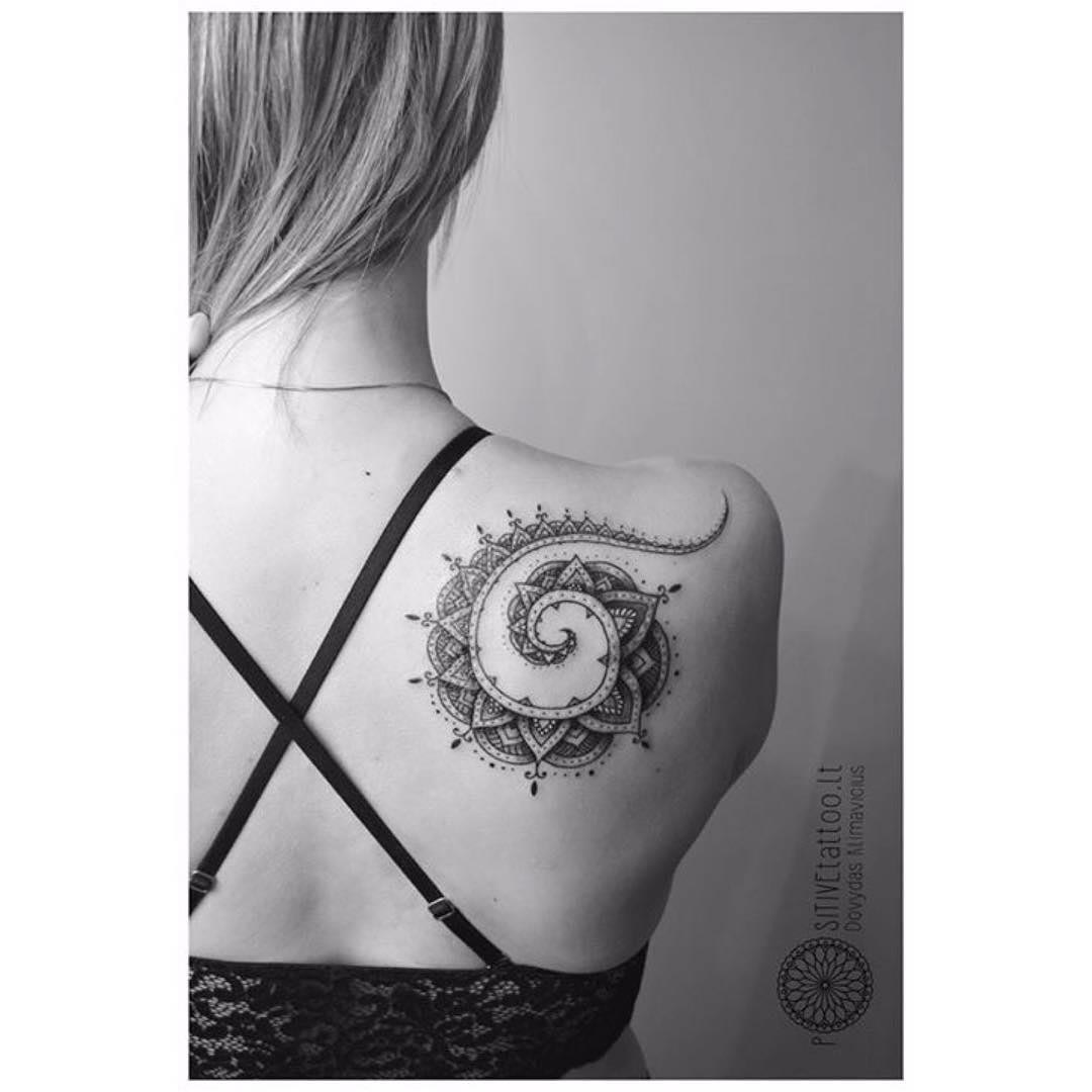 spiral tattoo on shoulder blade