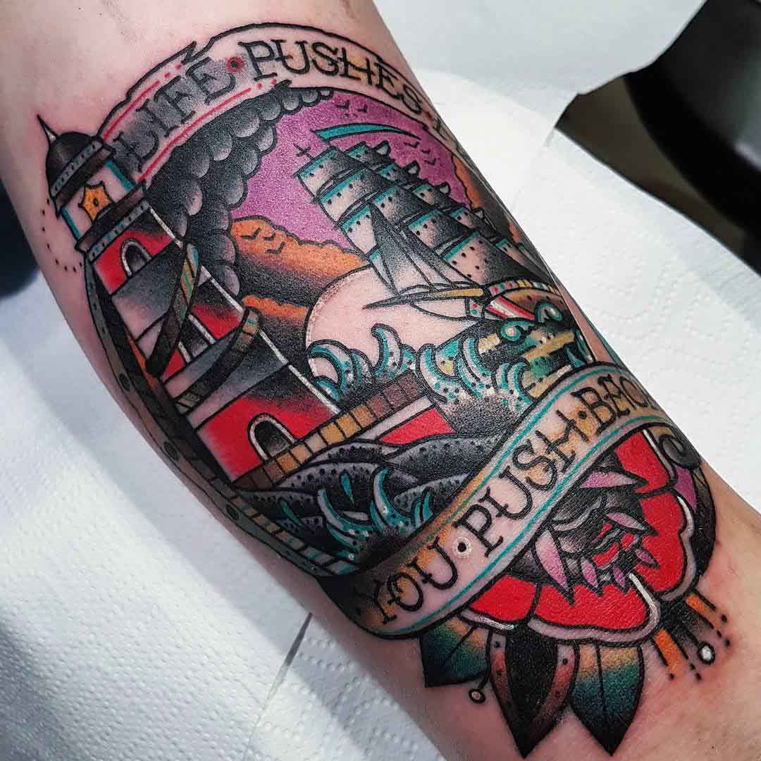 nautical tattoo beacon and ship tattoo