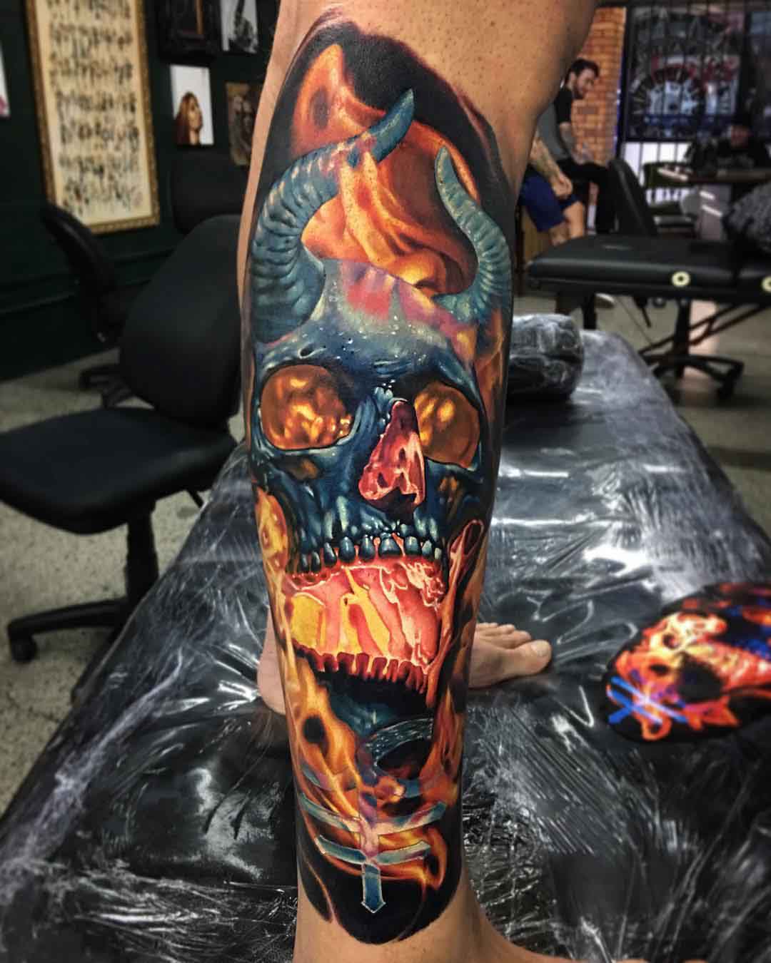 flaming skull tattoo demon