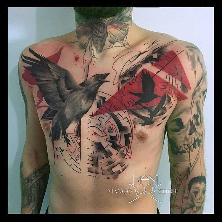 trash polka tattoo on chest