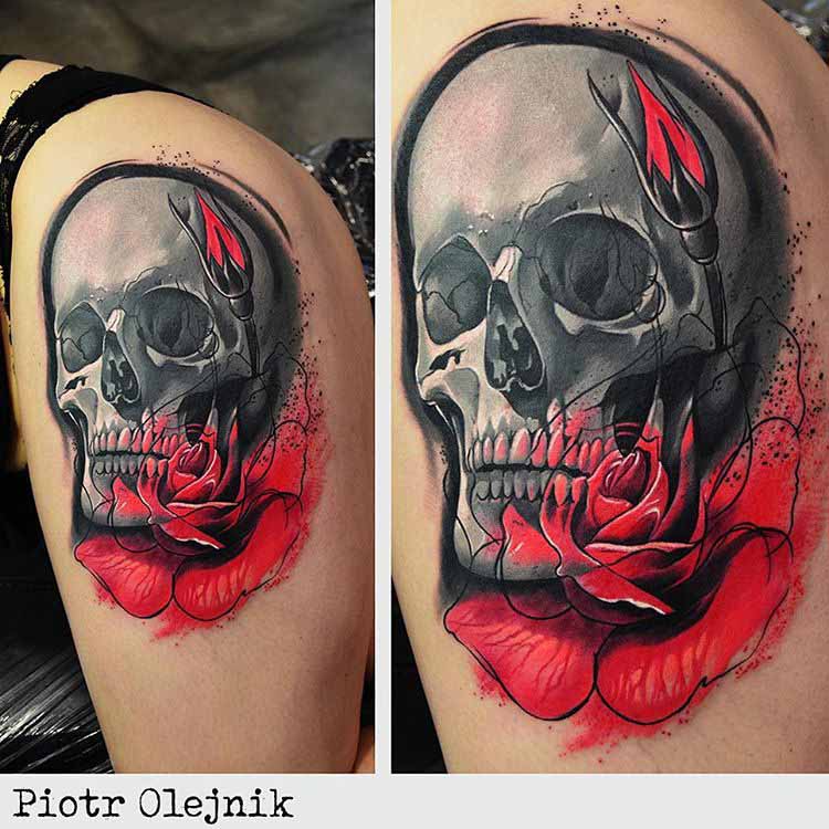 skull tattoo with red flower