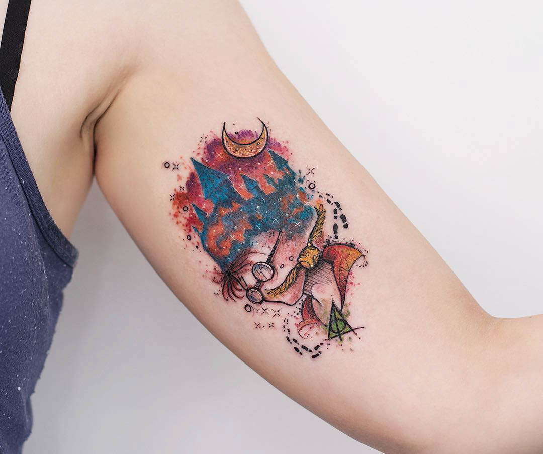 bicep tattoo harry potter watercolor style