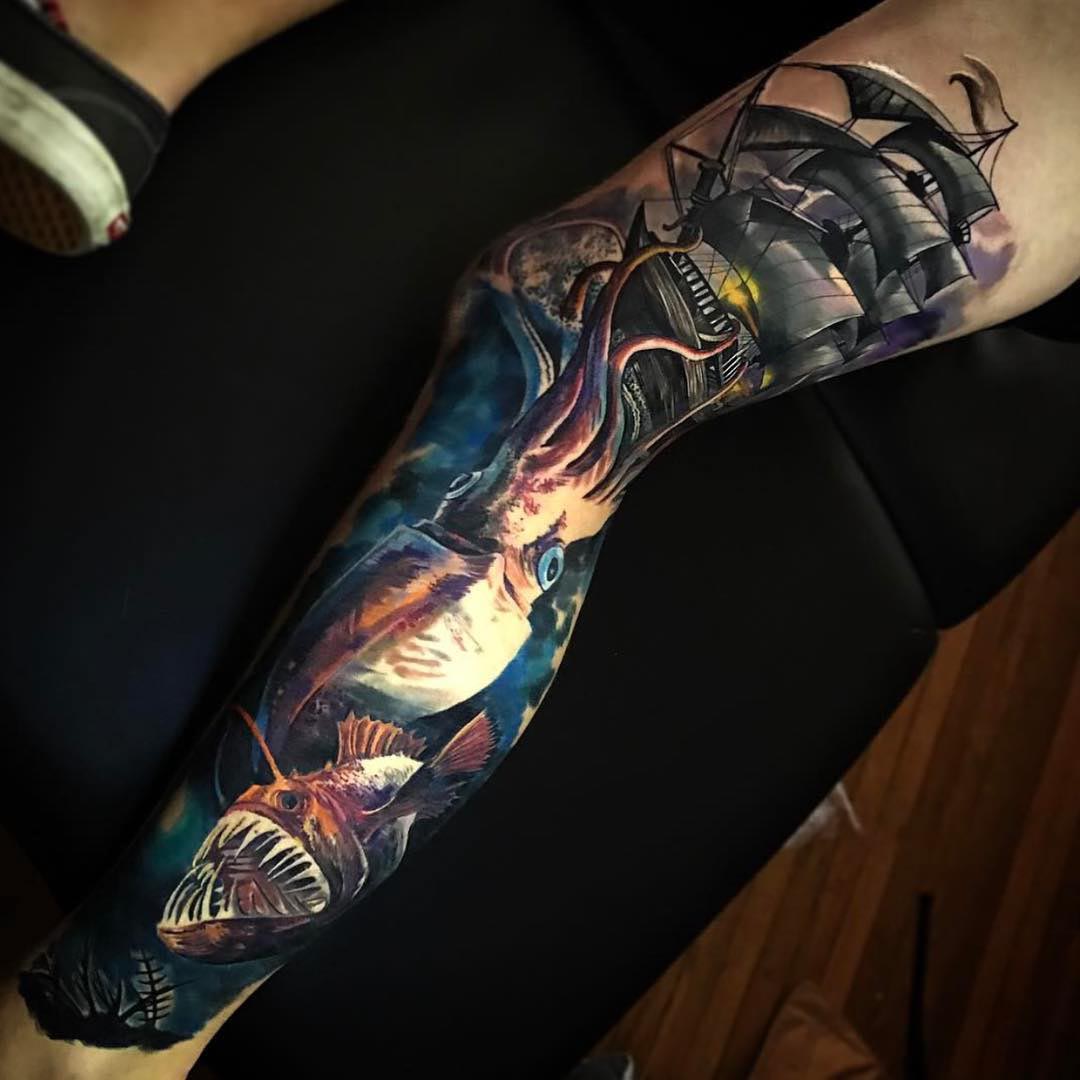 realistic nautical tattoo on leg sleeve