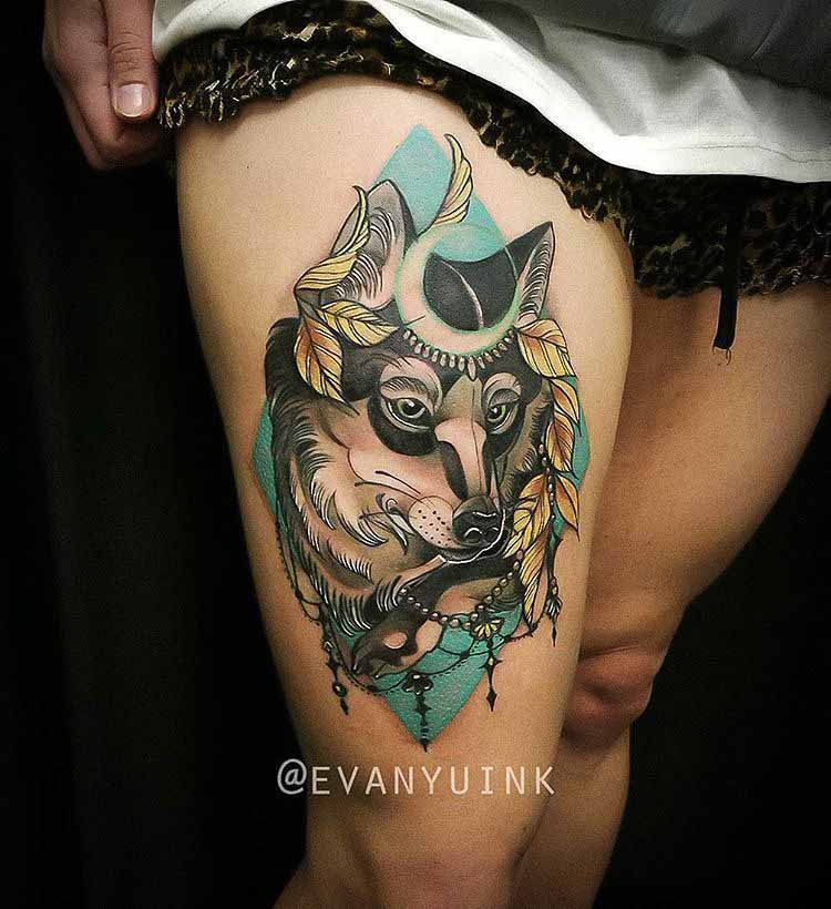 Neo-Traditional Wolf Tattoo on Thigh - Best Tattoo Ideas Gallery