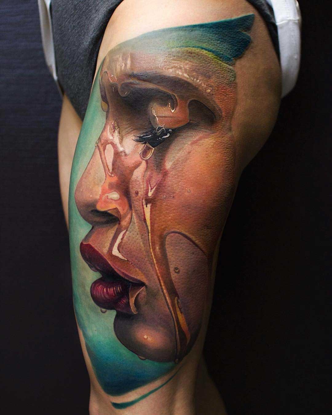 Water Flood Face Tattoo on Thigh - Best Tattoo Ideas Gallery