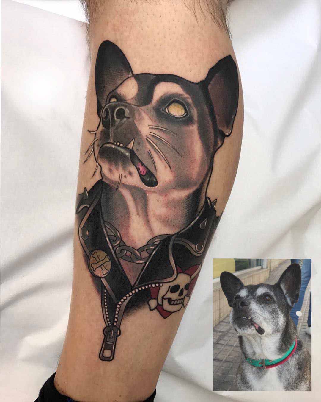 dog tattoo portrait in jacket