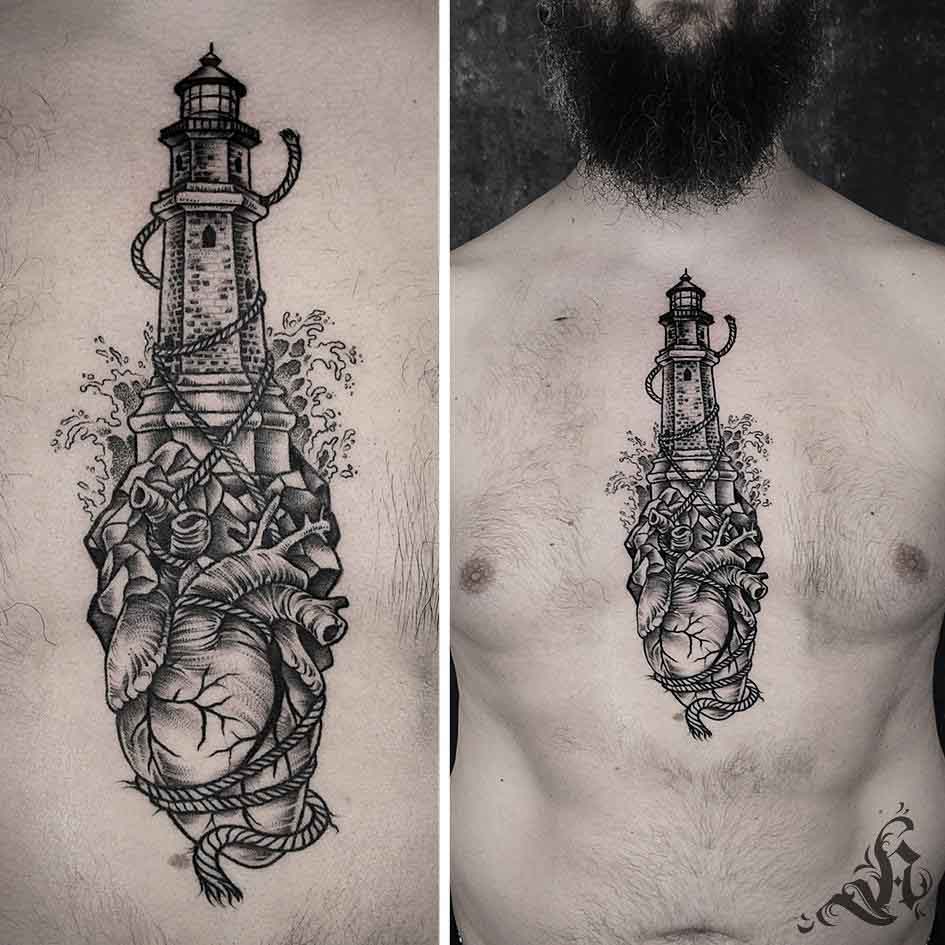 chest tattoo lighthouse and heart