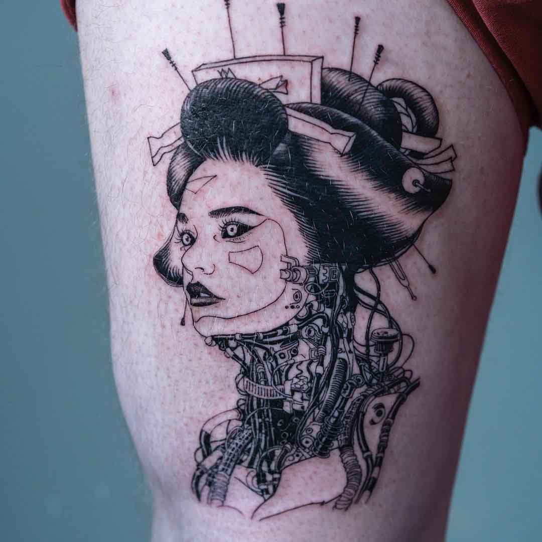 thigh geisha cyber tattoo