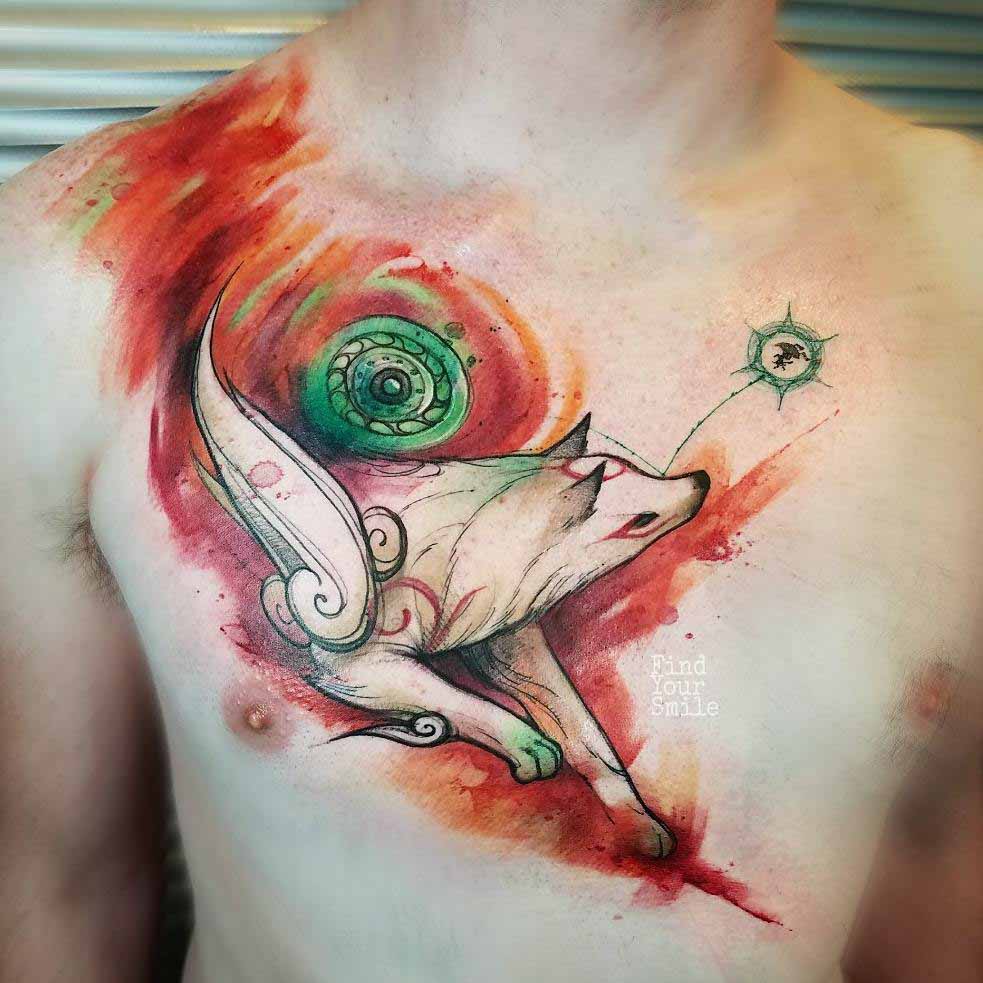 watercolor tattoo white fox on chest