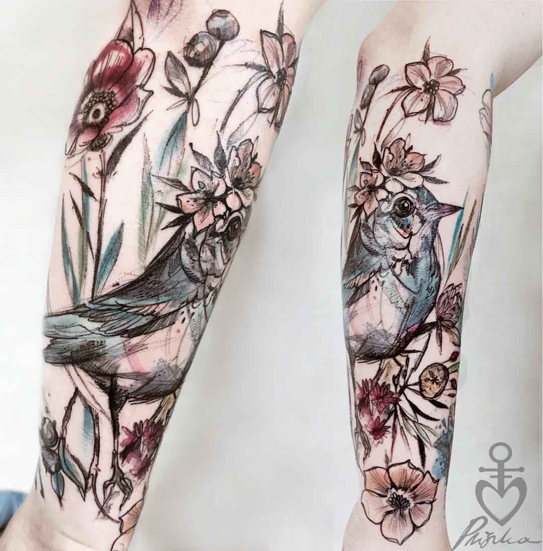Realistic Flower Back Bird Tattoo by Lone Star Tattoo