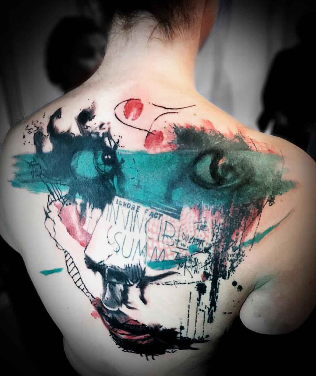 fusion of watercolor and trashpolka tattoo styles