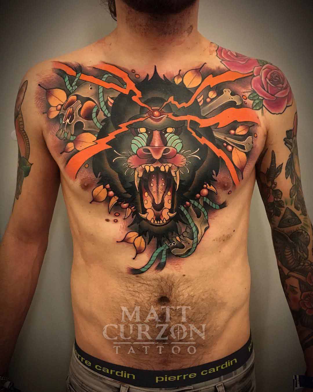 chest tattoo neo-traditional baboon