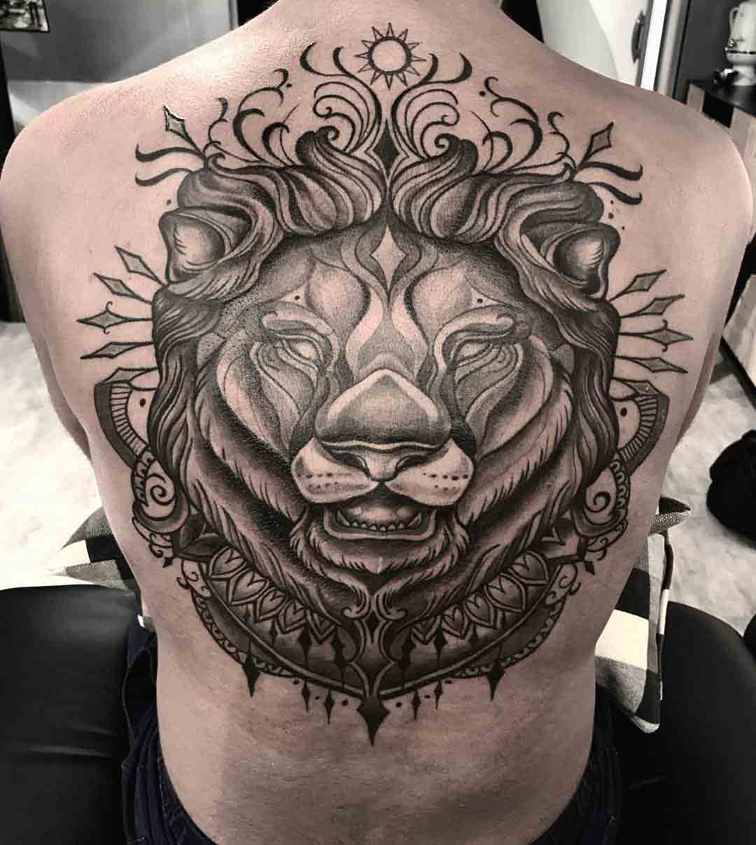 upper back tattoo lion dotwork style