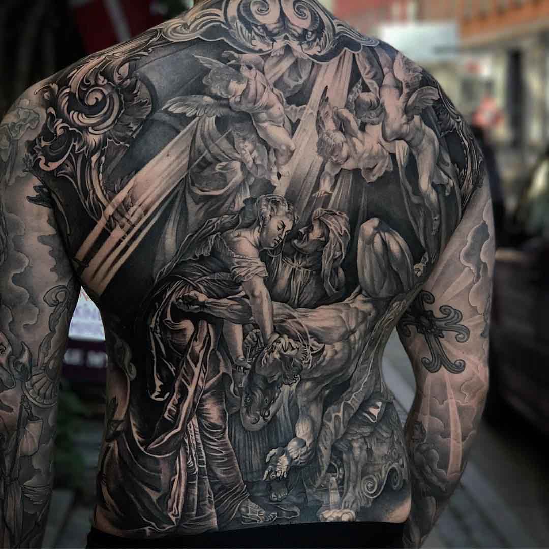 amazing religious tattoo on full back