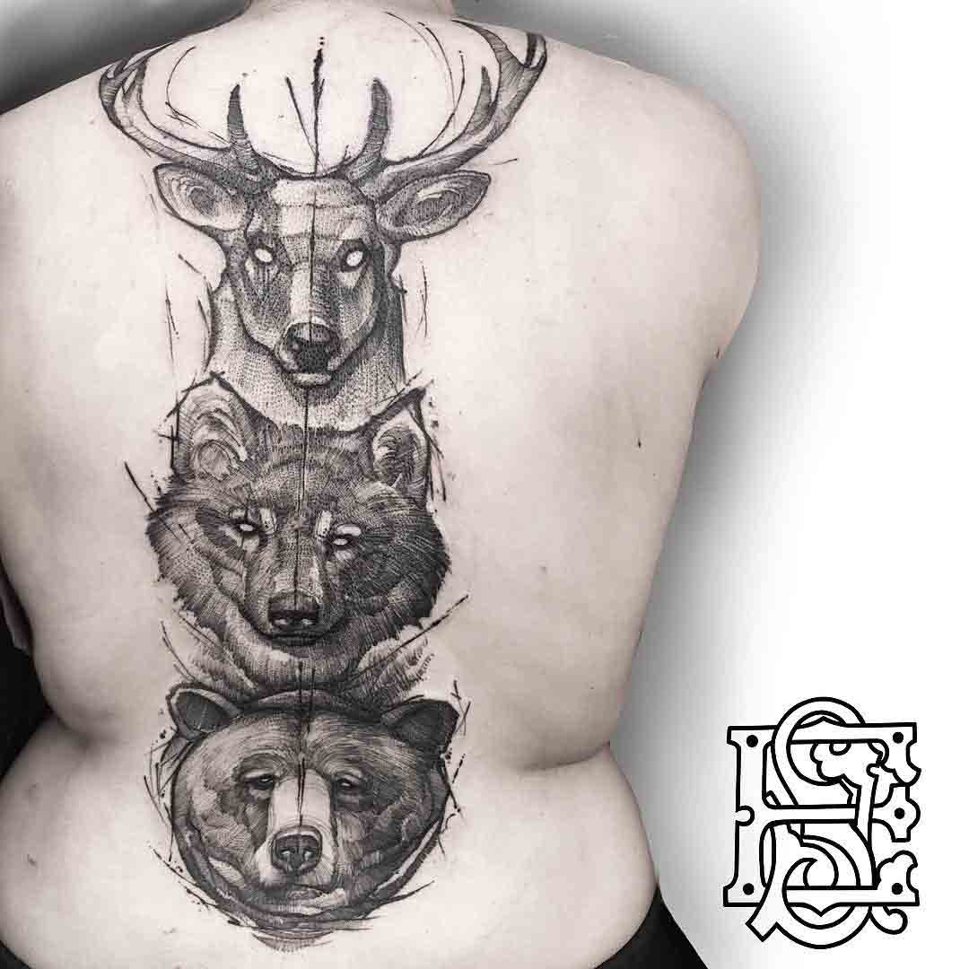 Stag Wolf Bear Tattoo on Spine - Best Tattoo Ideas Gallery