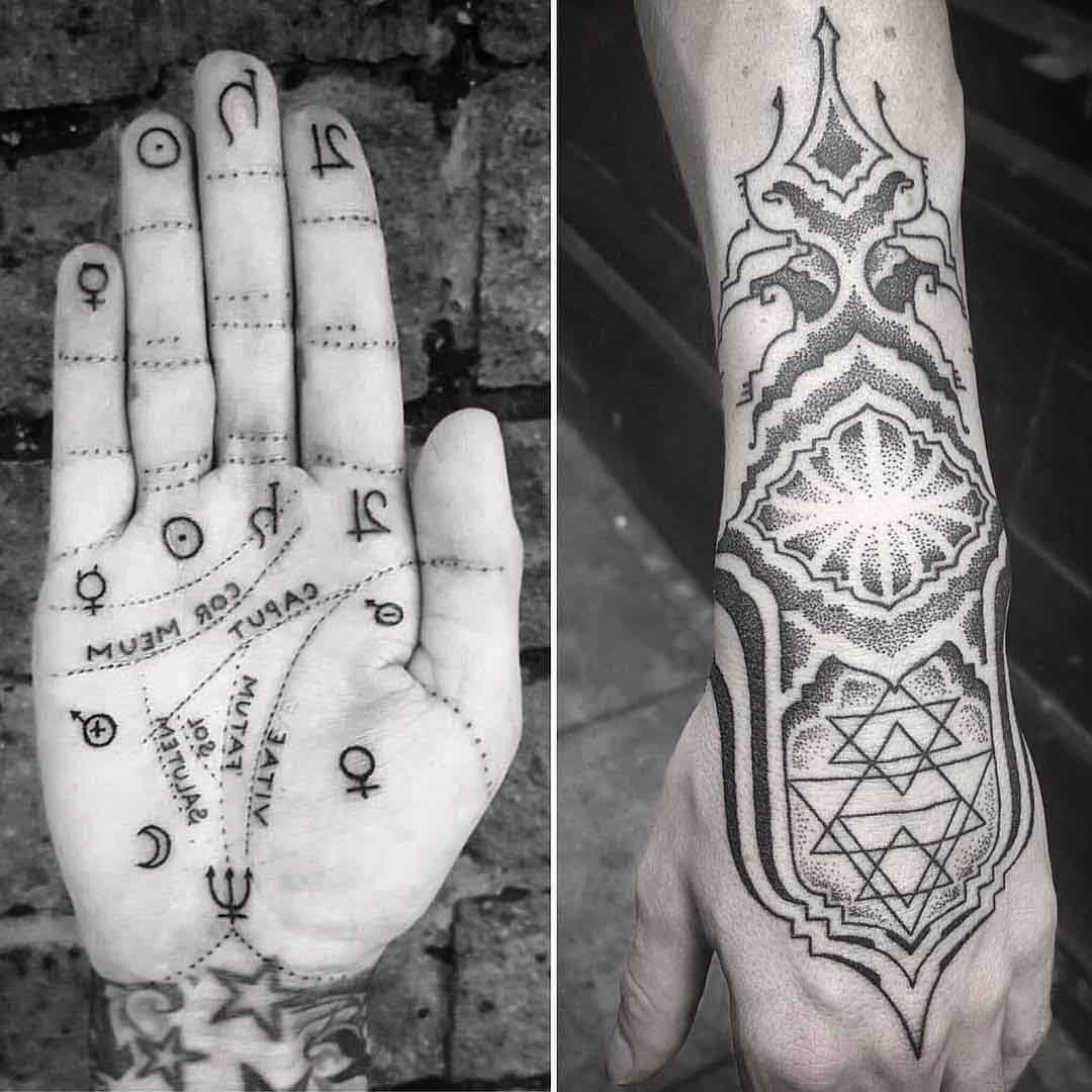 planet symbols on palm and dotwork wrist tattoos