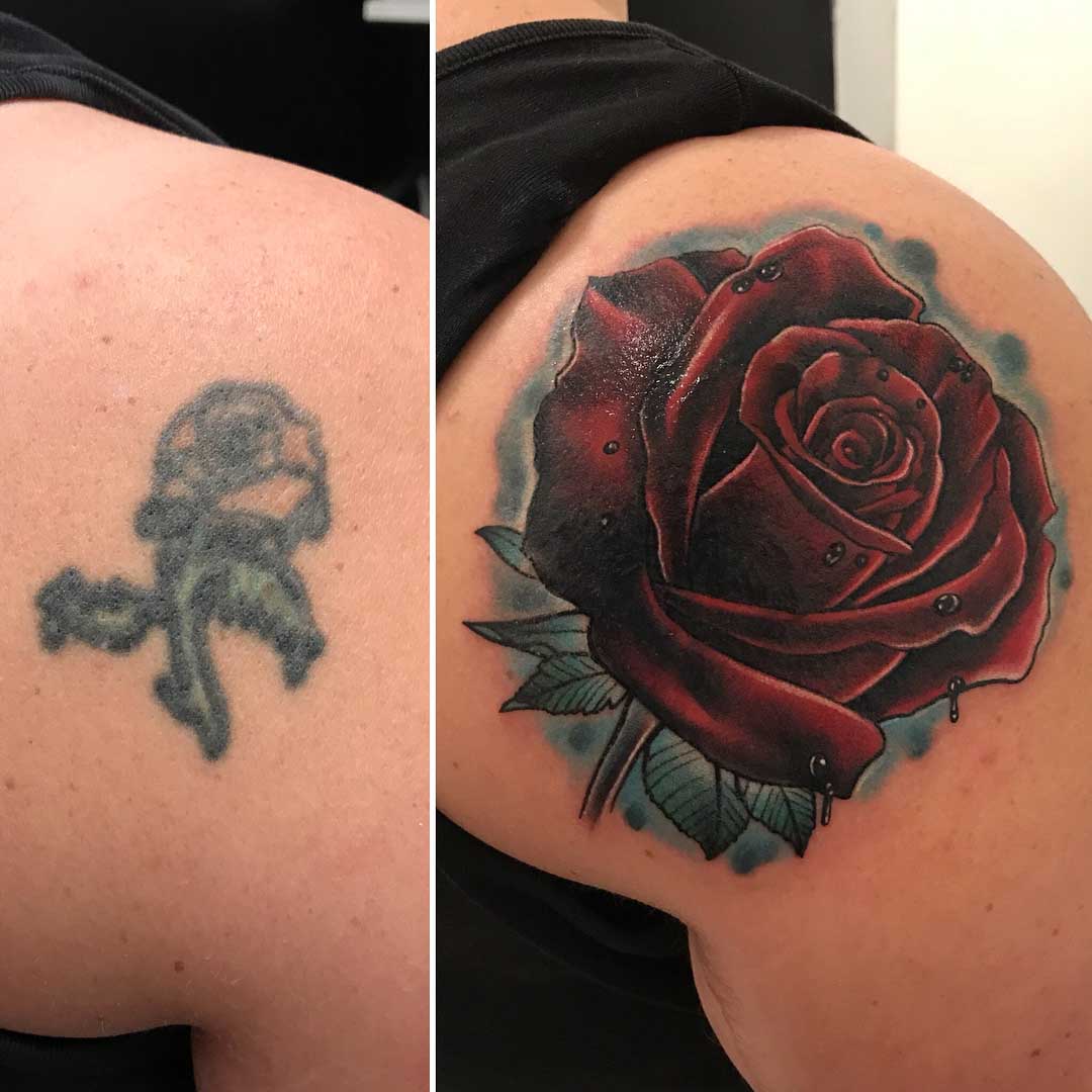 Rose Tattoo Cover Up on Shoulder Blade.