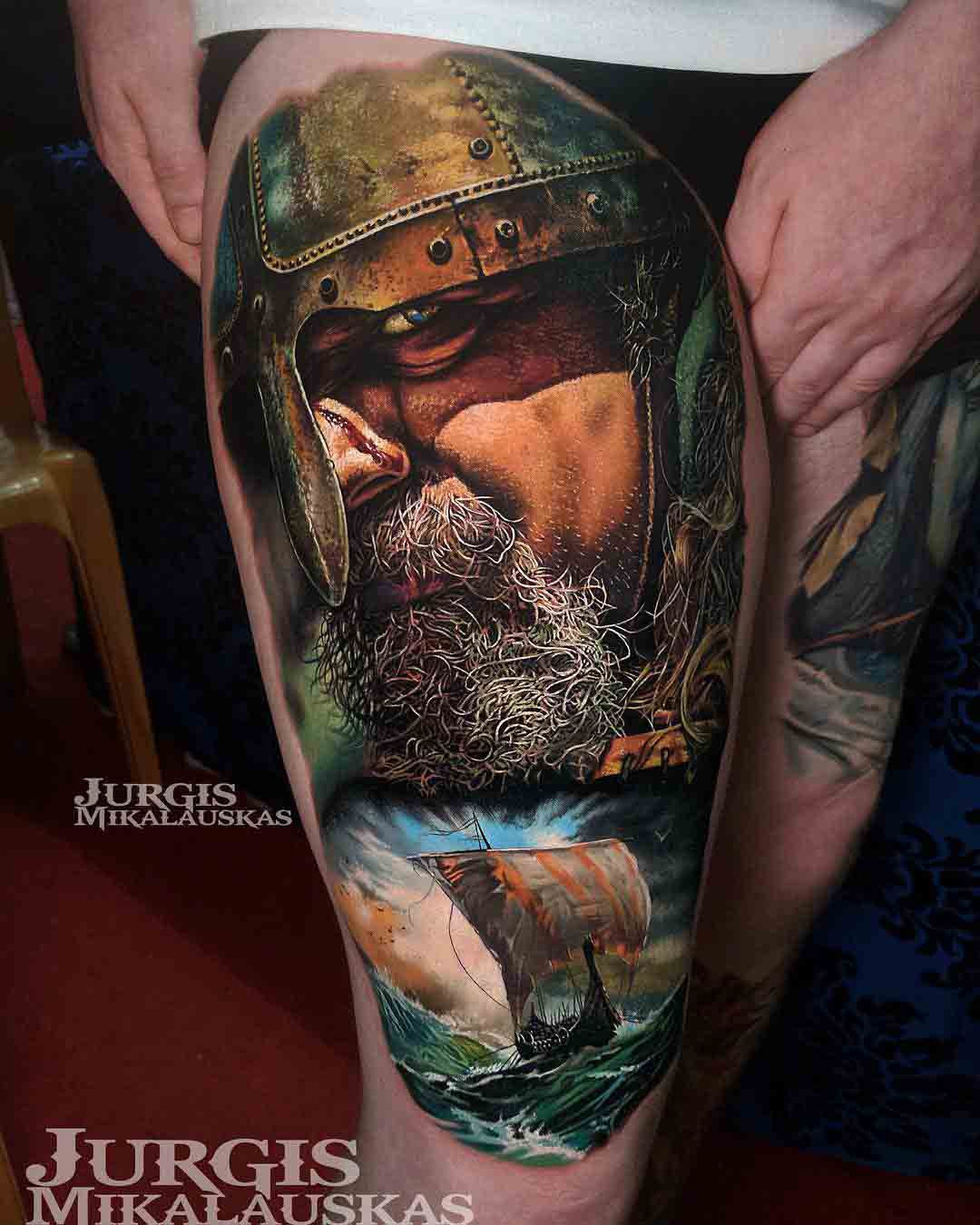 thigh tattoo viking sailing