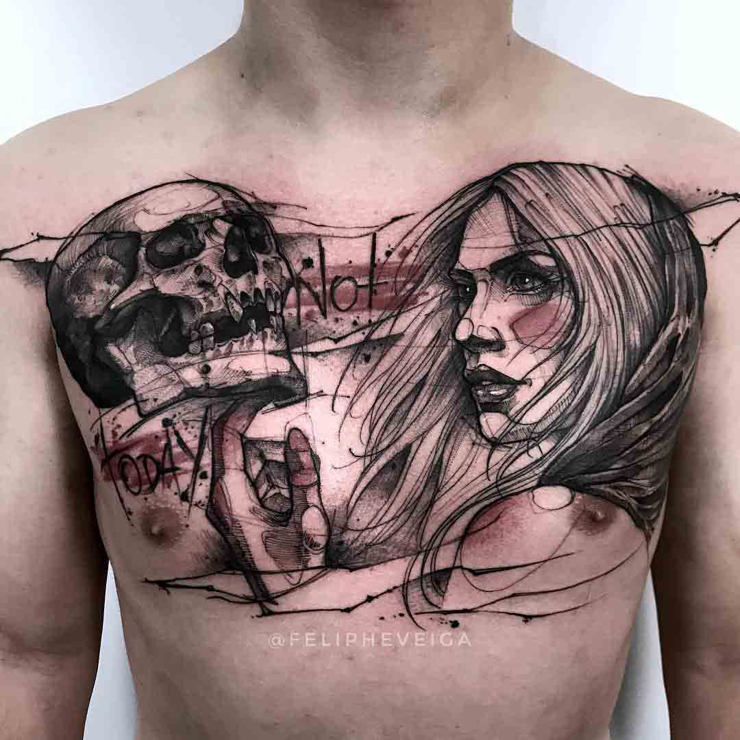 skull and girl tattoo on chest