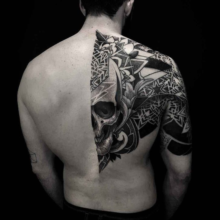 Dotwork Skull Half Back Tattoo | Best Tattoo Ideas Gallery