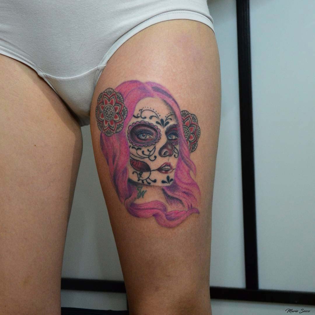 pink hair thigh tattoo santa muerte