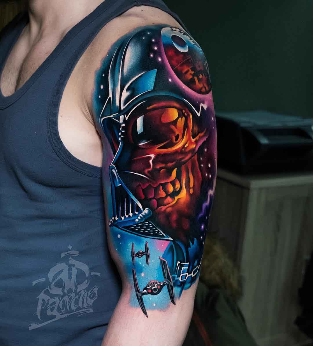 star wars tattoo Vader on shoulder