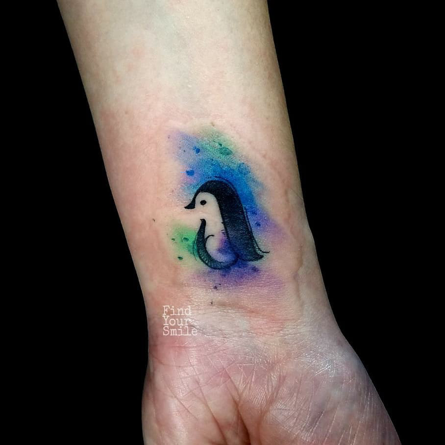 wrist tattoo penguin watercolor