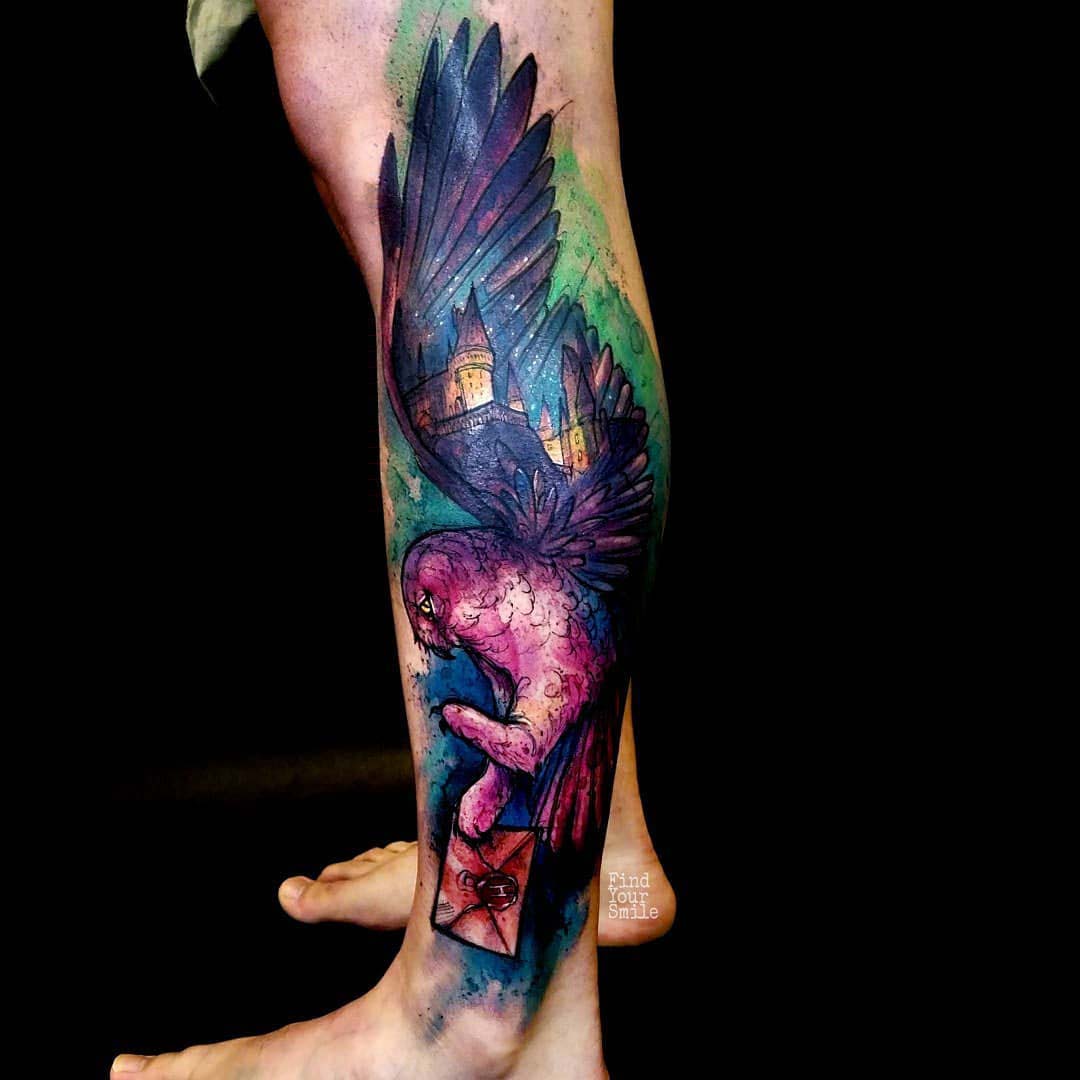 leg tattoo watercolor hofwards owl
