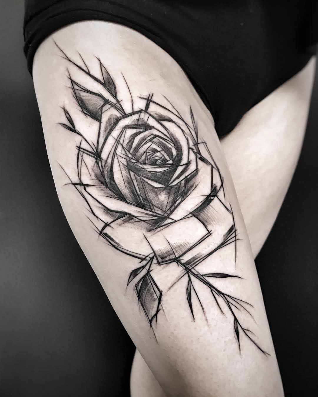 thigh tattoo rose black and grey